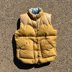 Rocky Mountain Featherbed Puffer Down Vest Vtg 70s Western Yellow Leather Sz 7/8